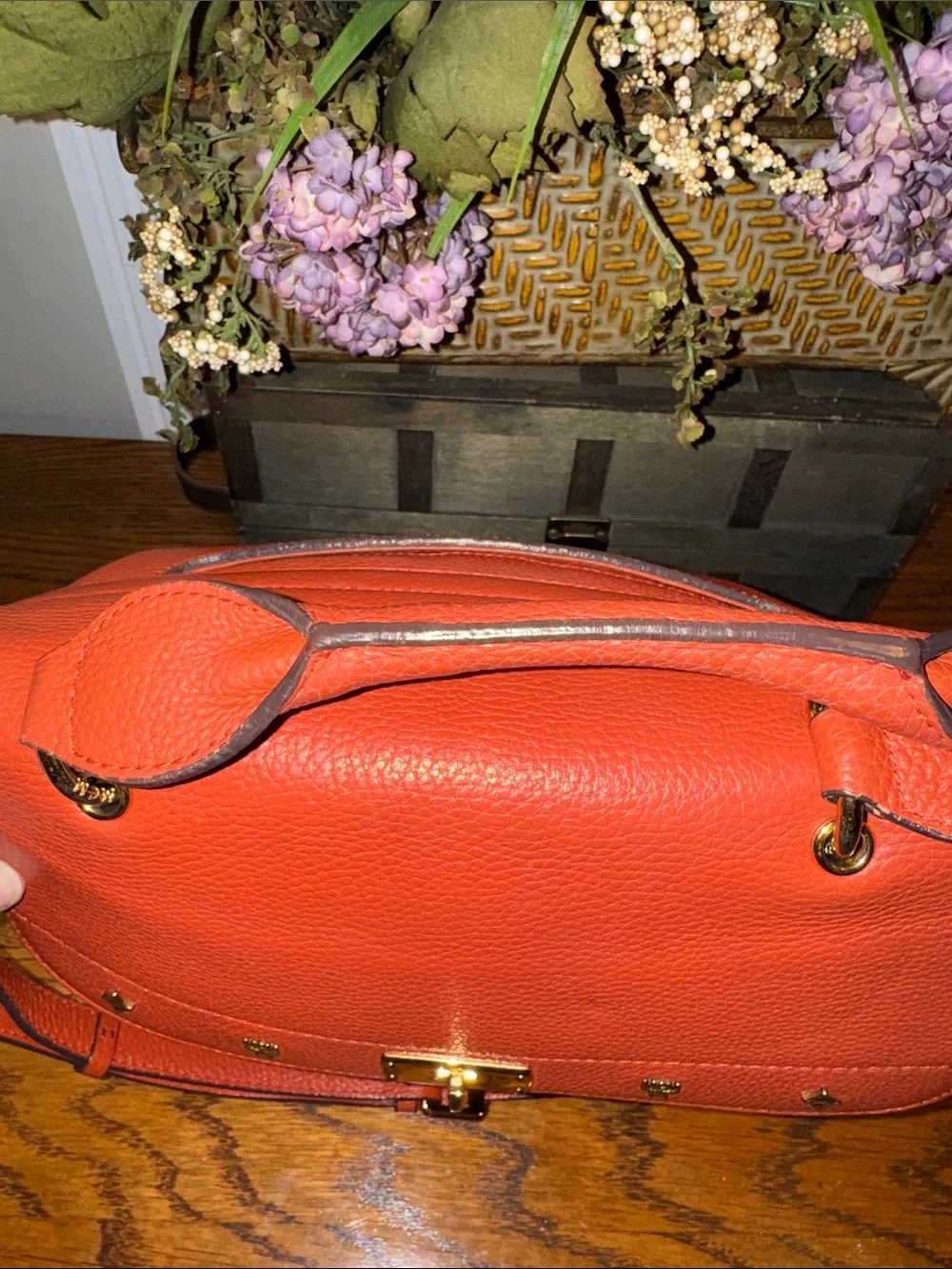 MCM Coral Leather Top-Handle Satchel with Gold Hardware with COA EUC